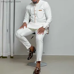 Męskie dresy kaftan letni kombinezon męski okrągły szyję długi rękawowe spodnie afrykański męski tradycyjny strój narodowy 2PCS Zestawy odzieży T230714