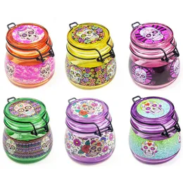 Colorful Smoking Skull Pattern Glass Dry Herb Tobacco Spice Miller Sealing Idratante Stash Case Jars Serbatoio di stoccaggio Portasigarette innovativo portatile Bottiglia