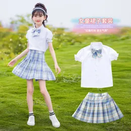 Zestawy odzieży Summer Ruffle Tlee Ubrania dla dziewcząt nastolatek Sailor Bow Bluzka Koszulka Plaid Shorts JK spódnica 6 7 8 9 10 11 12 lat 230714