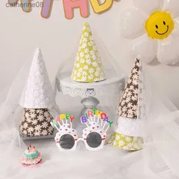 Ins Flower Happy Birthday Hat Party Decoration Supply Mesh Yarn Children Birthday Hat Home Decor Accessory Photobooth Props L230621