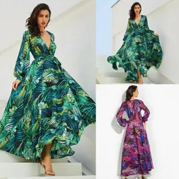 Vestidos 2019 feminino manga longa com decote em v floral impresso boho vintage maxi vestido de férias vestido de praia primavera outono vestido longo