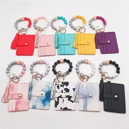 Tie Dye Cow Pattern Silikonpärlor Armband Bil Bangle Key Ring Pu Leather Tassel Plånbok Kreditkort Holder Keychain DF100