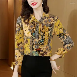 Kvinnor Bluses Office Lady V-hals Stylish Drawstring Bow Shirt Vintage Floral Printed Folk 2023 Spring Autumn Clothing Straight Blus