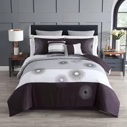 Styl hotelowy 14-częściowy zestaw łóżka w formie, królowa, śliwka szarość, haft kwiecisty, polifil