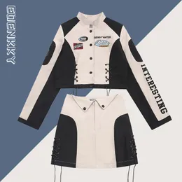 Conjunto de jaqueta bomber de duas peças para mulheres de corrida, jaquetas curtas e minissaia Y2K de alta qualidade feminina solta retrô bordado outwear terno 230714