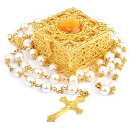 Pendanthalsband Rosary pärlor Katolska halsband Mary för män Kvinnor Kids First Communion Long Cross Metal Gift Box 230714