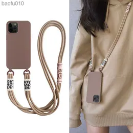 iPhone 13 Mini 12 11 Pro Max 14 Pro XS XR X 8 7 Plus SE3 한국 스트랩 실리콘 커버 L230619 용 Crossbody Lanyard Solid Soft Phone Case Case