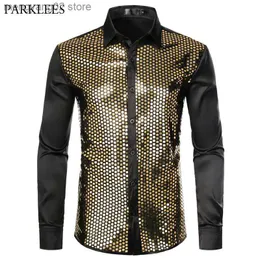 Men's Casual Shirts Shiny Gold Sequin Black Silk Dress Shirts Men Long Sleeve Button Down Shiny Disco Party Shirts Male Nightclub Party Prom Chemise T230714