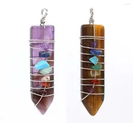 Pendant Necklaces KFT Natural Healing Pionts Crystal Quartz Stones Reiki Stone Wire Wrapped 7 Chakra Sword Shape Amulet Pendants Jewelry