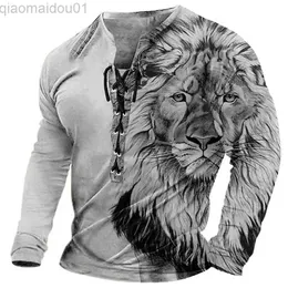 Camisetas masculinas da moda com estampa de leão soltas de manga comprida camisetas masculinas primavera verão vintage com cordão amarrar camisetas com decote em v roupas masculinas tops casuais L230713