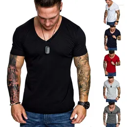 Camisetas masculinas 2023 verão t-shirt cor lisa pulôver decote em v esportes casuais 6 cores manga curta