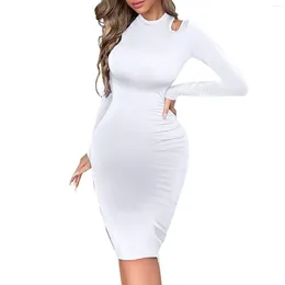 Casual Dresses Hip Wrap Patry Dress Pure Temperament Women Full Sleeve Half High Collar Hole Tight Slim Robe Longue Femme Sukienki