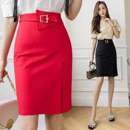 QNPQYX New Fashion Spring Summer High Waist Midi Skirt Red Black Bodycon Pencil Skirts Open Slit Elegant Womens Skirts Apricot