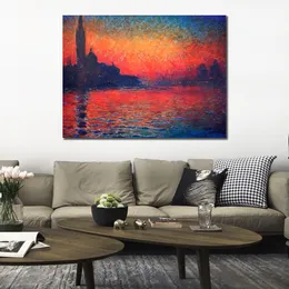 Handmade Claude Monet Oil Painting San Giorgio Maggiore by Twilight Red Modern Canvas Art Modern Landscape Living Room Decor