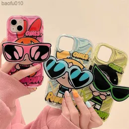 Lovely Powerpuff Girls Sunglasses Bracket Phone Case For iPhone 14 13 12 11 Pro Max X XR XS 6 6S 7 8 Plus SE 2020 Silicone Cover L230619