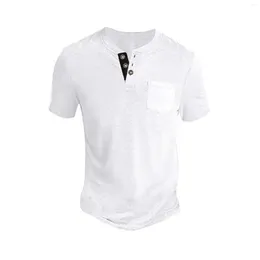 T-shirt da uomo Tinta unita Henley-Shirt Top Maniche corte Girocollo Tasca Casual T-shirt in cotone e lino Abbigliamento quotidiano Maglietta cool