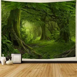 Tapissries Dome Cameras Sepyue Forest Green Tree in Misty Forest Wall Hanging Nature Scenery Tapestry Decor för vardagsrum sovrum R230714