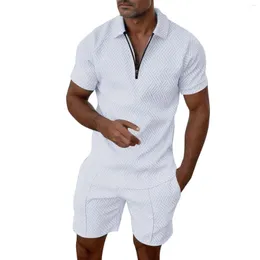 Fatos de treino masculinos casuais corrugados terno de duas peças com zíper lapela manga curta camiseta shorts com bolso para uso diário do homem