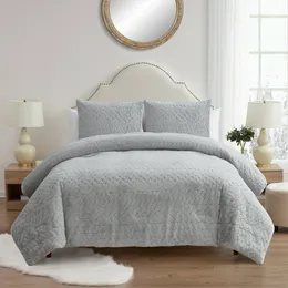 My Texas House Jessie 3-Piece Comforter Set Carved Faux Rabbit Fur, Grey, Full Queen