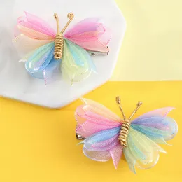 Forcina a farfalla in chiffon a rete color arcobaleno per accessori per capelli per ragazze Fermaglio per capelli colorato per bambini Barrettes per bambini fatte a mano