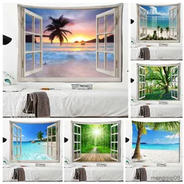 Tapestries Dome Cameras Imitation Window Beach Forest Tapestry Sunrise Over The Sea Wall Hanging Bohemian Landscape Style Psychedelic Mandala Home Decor R230714