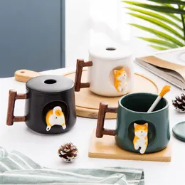 Creative Cute Handmade Shiba Inu Mug With Lid Spoon Ceramic Dog Mugs Personalized Cup For Coffee Tea Kitchen Tableware Love Gift L2825