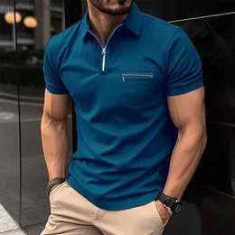 Camisetas Masculinas Casual Pure Color Slim Manga Curta Polo Camisa Masculina Moda Verão Patch com Zíper Lapela Polo T-Shirts Lazer Roupas Masculinas Clássicas L230713