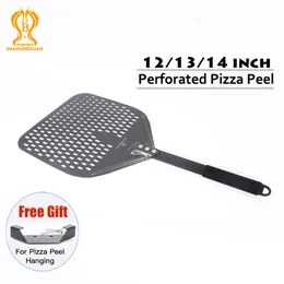 Formy do pieczenia Shangpeixuan 16141312 cala perforowaną pizzę Pizza Peel Prostokątna łopata aluminiowa łopatka twardej powłoki krótkie narzędzie 230714