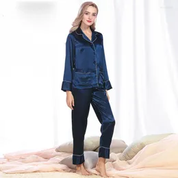 Kvinnors sömnkläder Fashion Women Pyjama Set Summer Faux Silk Ladies Silky Pyjamas Pants Set Female Sleep Lounge Woman