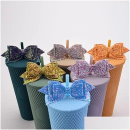 Drinkware Lid Bow St Topper 18 Färger Glitter Sequins Bows For Party Tumbler Sts Decoration Drop Delivery Home Garden Kitchen Dining DHGWK