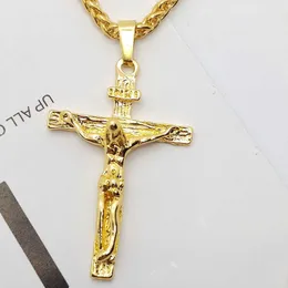 Prawdziwy 10K żółty solidny złoty gf Jezus Cross Crucifix Charm Big wisiorek 31x47mm 60 Łańcuch łańcucha kątowego Keel-60CM Naszyjnik HKD230714