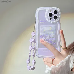 波のボーダー油絵花の紫色のチェーン電話ケースiPhone 14 Plus 13 12 Pro 11 Pro Max XR XS Max Cute Protection Cover L230619