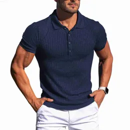 Męskie koszulki elastyczne pionowe paski koszulki polo męskie szorty Rękaw Solidne szczupłe koszulki letnie ćwiczenie fitness tshirts