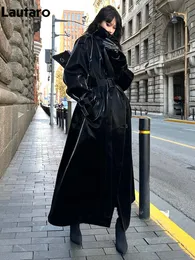 Camis Lautaro Primavera Autunno Extra Lungo Oversize Fresco Riflettente Nero Lucido Trench in Pelle Patena per Donna Cintura Pista di Moda