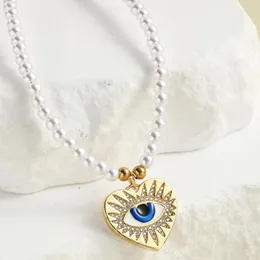 Pendant Necklaces Love Heart Evil Blue Eye Gold Color Imitation Pearl Necklace For Women Stainless Steel Clasp Collars