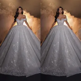 Muhteşem balo elbisesi omuzdan gelinlik parlayan başvuru sahipleri Sequins Tül Mahkeme Elbise Overkirts Giyim Özel Made Boyutu Gelin Gown Vestidos De Novia