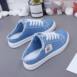 Scarpe eleganti Estate Autunno Donna Scarpe di tela Sneakers piatte Casual Baotou Mezza pantofola Tomaia bassa Lace Up Calzature bianche Ragazze giovani Scivoli 230714