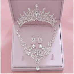 Combina conjuntos de jóias de noiva de cristal rosa para mulheres princesa tiara/coroa colar de colar de casamentos de colar de casamentos acessórios de jóias de baile