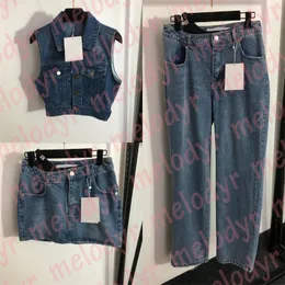 Moda denim pantolon set seksi denim etekler moda kısa stil kolsuz ceket tasarımcısı metal mektup yüksek bel kot pantolon