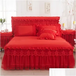 Säng kjol spetsar sängkläder kuddfästen rosa romantiska ruffle er prinsessan sängöverdrag ark king drottning tvillingstorlek hem textil 356 drop deli dhqf2