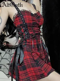 Sets Altgoth Red Plaid Lolita Dress Women Aesthetic Mall Goth Vintage Lace Patchwork Bandage High Waist Corset Dress Partywear Female