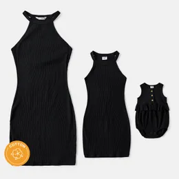 Family Matching Outfits PatPat Mommy and Me Black Cotton Ribbed Halter Bodycon Dresses 230714