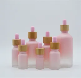 Garrafa conta-gotas de vidro fosco, gotejamento, cor rosa, com tampa de bambu, garrafa de óleo essencial de 1 oz, 5ml, 10ml, 20ml, 30ml, 50ml, 100ml, caixa de embalagem JL1576