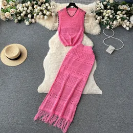Women s Suits Blazers Korejepo Korean Fashion Casual Loose V Neck Sleeveless Knitted Top Hip Wrap Hollow Hook Flower Fringe Skirts Two Set 230715