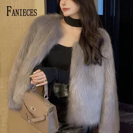 Jackets Fanieces Faux Fox Fur Coats Women Winter Warm Cardigan Overwear Black Collarless Fluffy Artificial Fur Jacket Outerwear