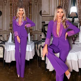 Purple Women Suits For Wedding Tuxedos 2 Pieces Sequins Beading Blazer and Pants Designer Formal Party Prom Dress Custom Made Made