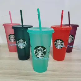 NEW 24OZ 710ml Starbucks Sequins Plastic Tumbler Reusable Clear Drinking Flat Bottom Cup Pillar Shape Lid Straw Mug Bardian LOVE249K