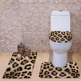 3D Leopar Tahıl Tuvalet Kapak Mat Seti Flannel Banyo Slip Slip PaDestal2707