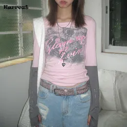 Camiseta feminina Karrcat Grunge Patch Work T-shirt Y2k Aesthetics Fake Two Piece T-shirt Fairycore Diamond Pink Top 2000 Harajuku Street Clothing 230714