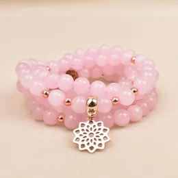 Pingente de lótus de aço inoxidável e pulseira elástica natural com contas de quartzo rosa 108mala joias para ioga